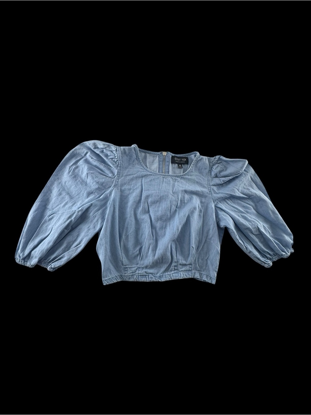 Cest  ToI Light Blue Puff-Sleeve Denim Crop Top